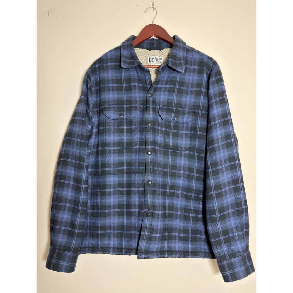 Marmot Large Ridgefield Heavyweight Sherpa Lined Blue Flannel Shirt Jacket